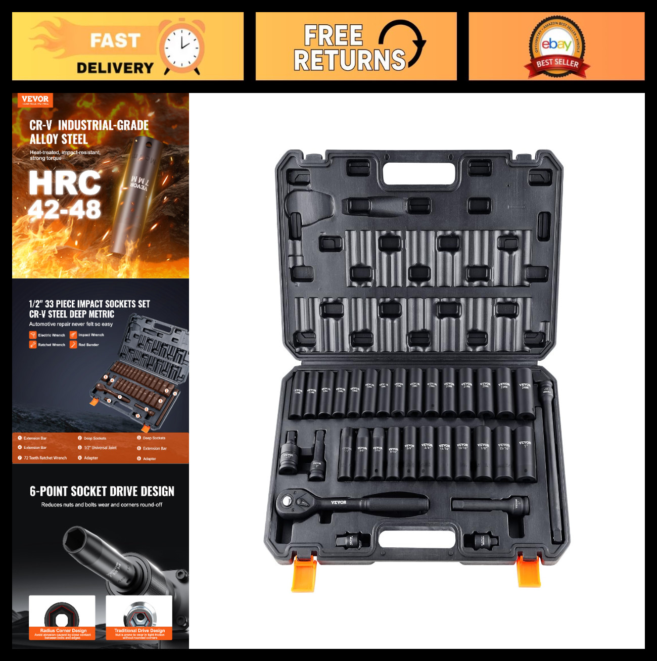 33-Piece 1/2" Drive Impact Socket Set, SAE & Metric, CR-V, Deep Sockets, Extensi