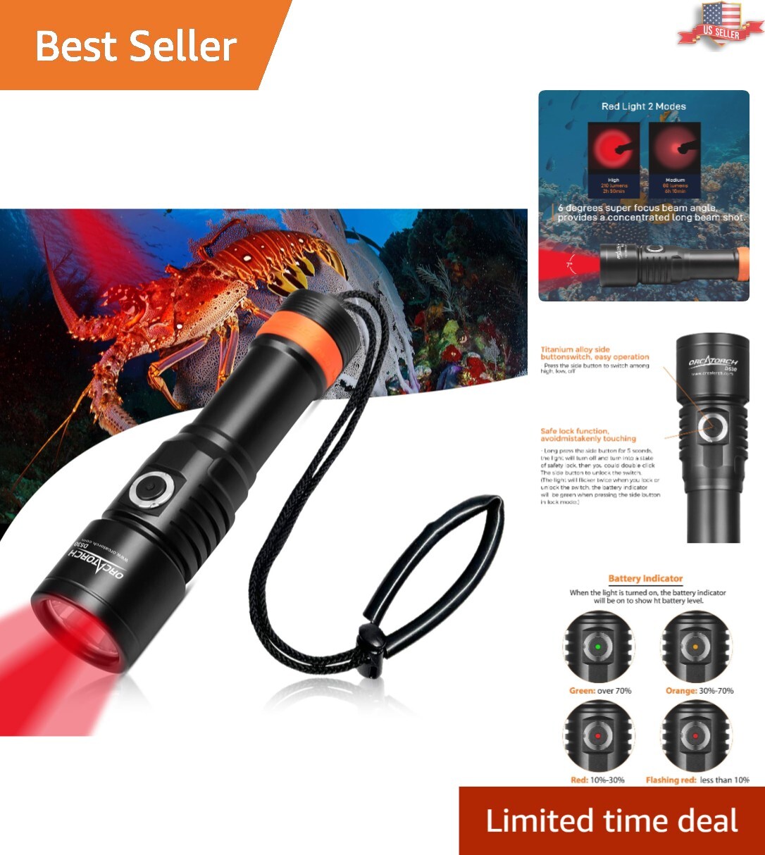 Compact 210 Lumen Dive Light with Battery Indicator - Perfect for Photography