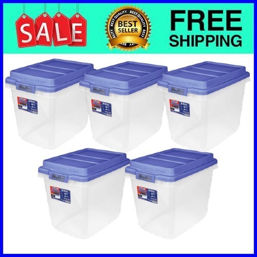 Hefty HI-RISE 32 Qt Storage Bin Clear Blue Lid 5-Pack Fast Ship USA