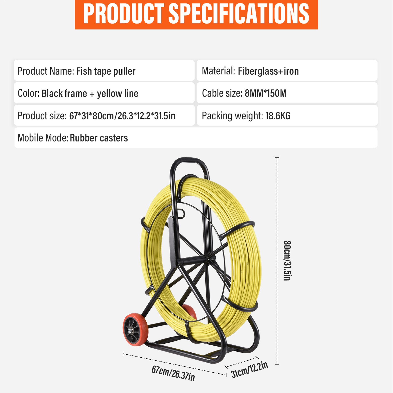 Fish Tape Fiberglass Reel Wire Cable Running Rod Duct Rodder Fishtape Puller 8mm