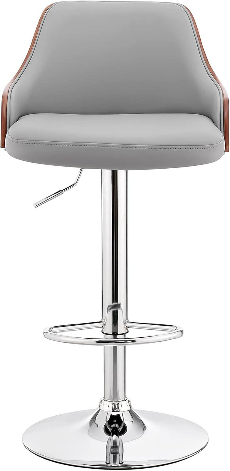 Modern Adjustable Gray Faux Leather Bar Stool with Walnut Wood Base