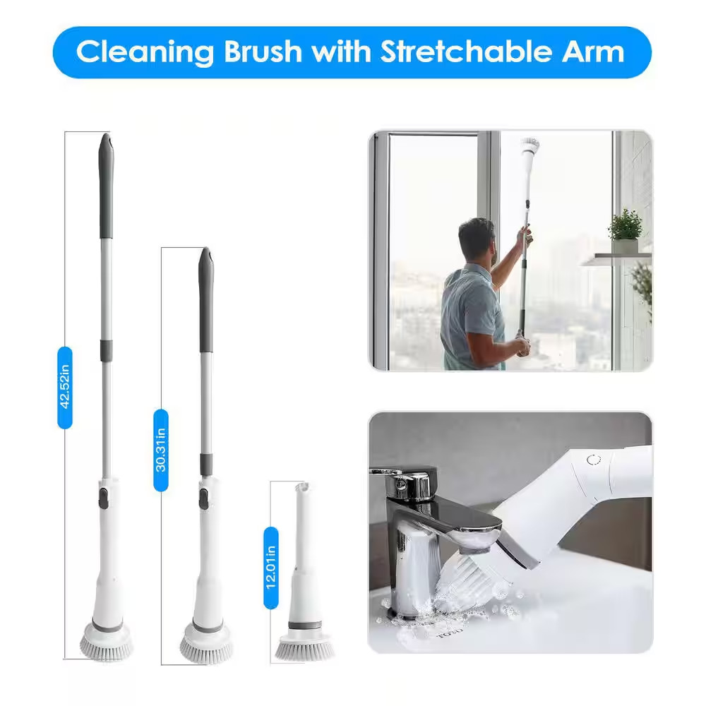 Electric Spin Scrubber, 6-Replaceable Brush Heads, 2-Speed Adjustable Extension