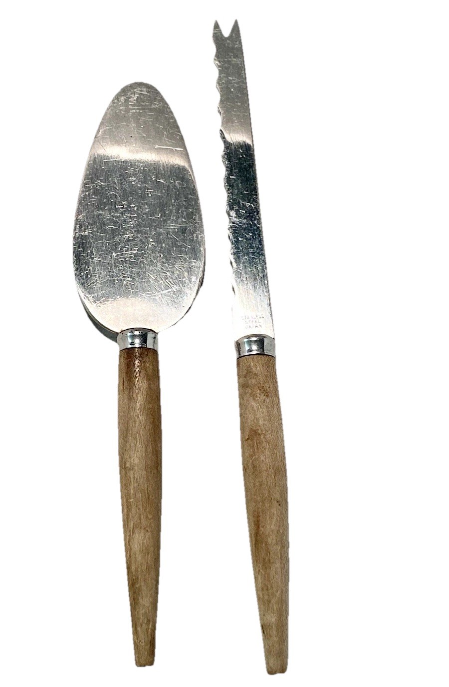 VTG 2 Piece Cheese Cutlery Set Light Wood Handles Stainless Steel Japan 7 & 6”