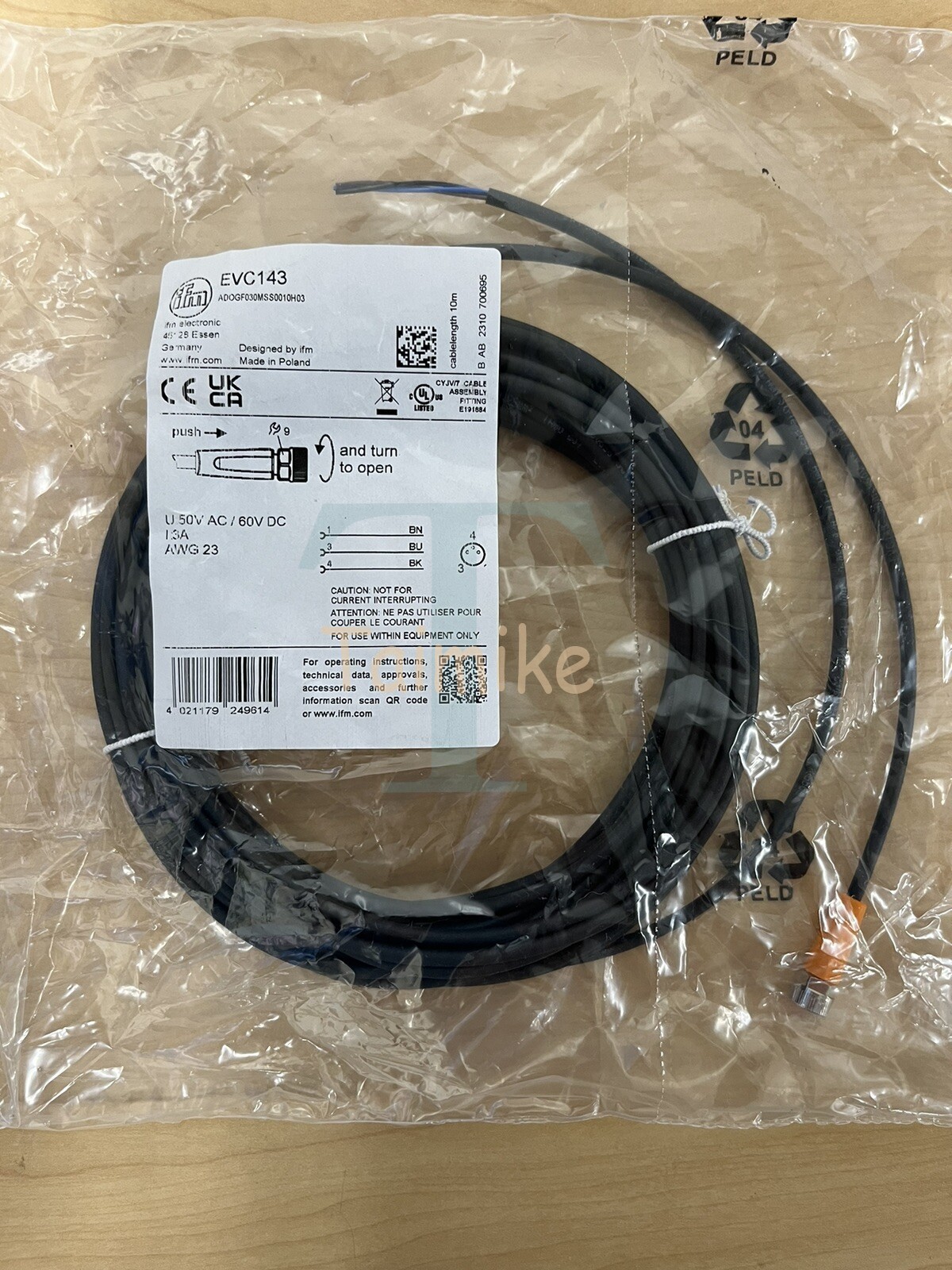NEW! IFM EFECTOR EVC143 Sensor Connection 10m Cable - M8/Leads - Factory Sealed!