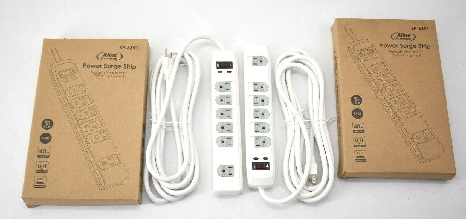 Lot Of 2 Aline Accessories Power Surge Strips White 6 Outlet 15' Power Cord