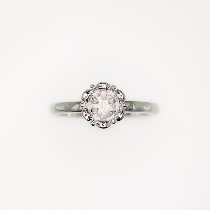 6 mm Round Crown Petal Ring Setting Sterling Silver with Rhodium Finish