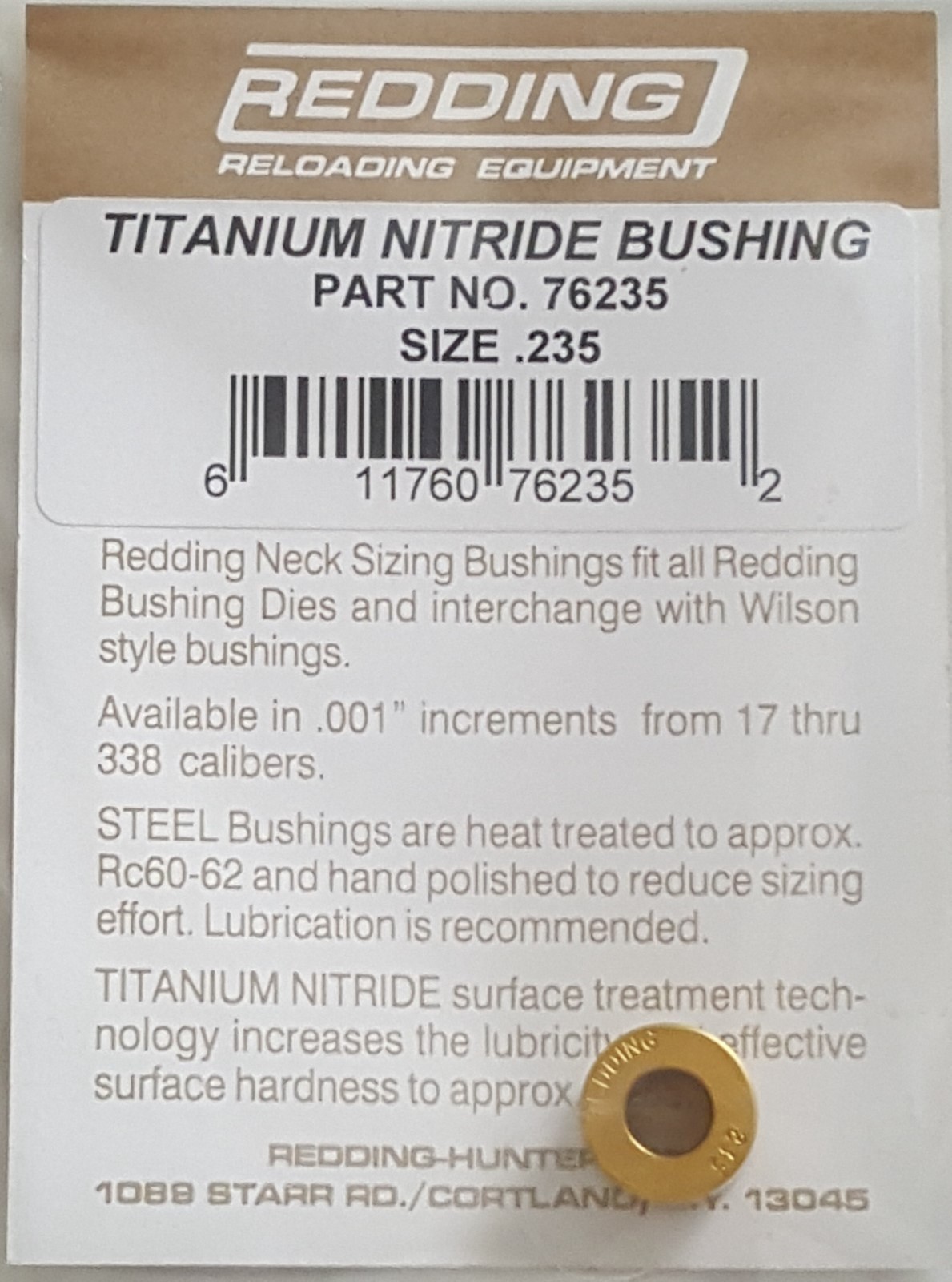 76235 REDDING TITANIUM NITRIDE .235 NECK SIZE BUSHING - BRAND NEW - FREE SHIP