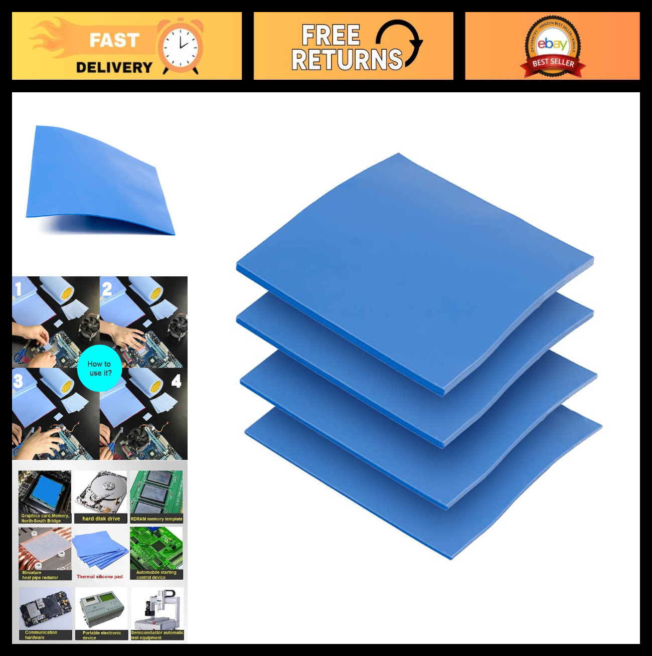4 Pack Thermal Pads 100x100mm 0.5mm 1mm 1.5mm 2mm High Efficiency 6.0 W/mK Heat