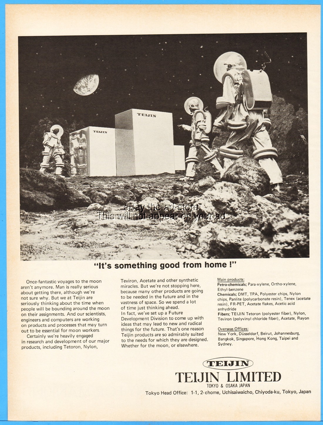 1969 Teijin Limited Tokyo Japan Moon Workers Astronaut Spacesuit Lunar Base Ad