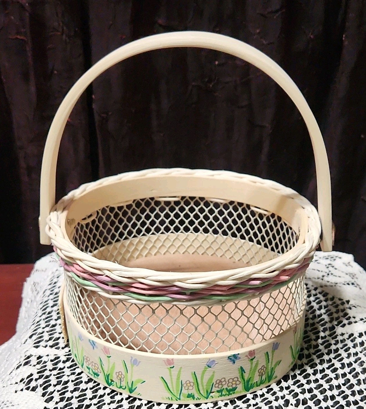 Decorative Mesh Floral Spring Basket with Handle Beige Pink Green Round