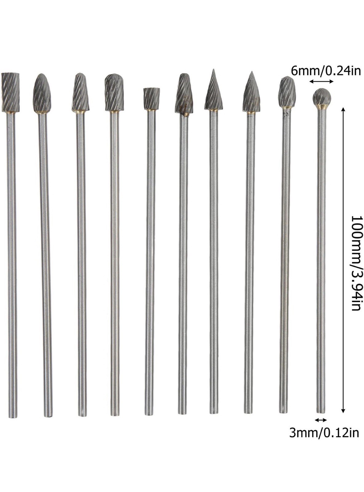 Carbide Burr Set - 10pcs Double Cut Solid Carbide Rotary Burrs 3mm(0.118'')