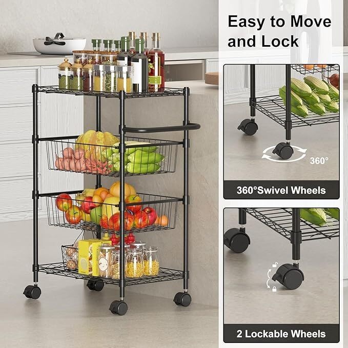 4-Tier Kitchen Cart Rolling Storage Utility Cart w/ Handle & 2 Removable Baskets