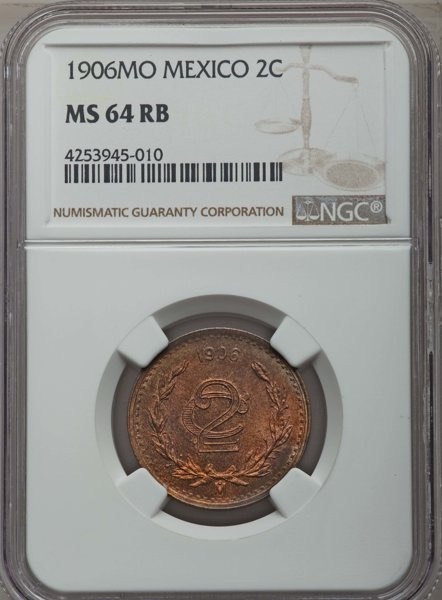 MEXICO ESTADOS UNIDOS 1906  2 CENTAVOS COIN CERTIFIED UNCIRCULATED NGC MS64-RB