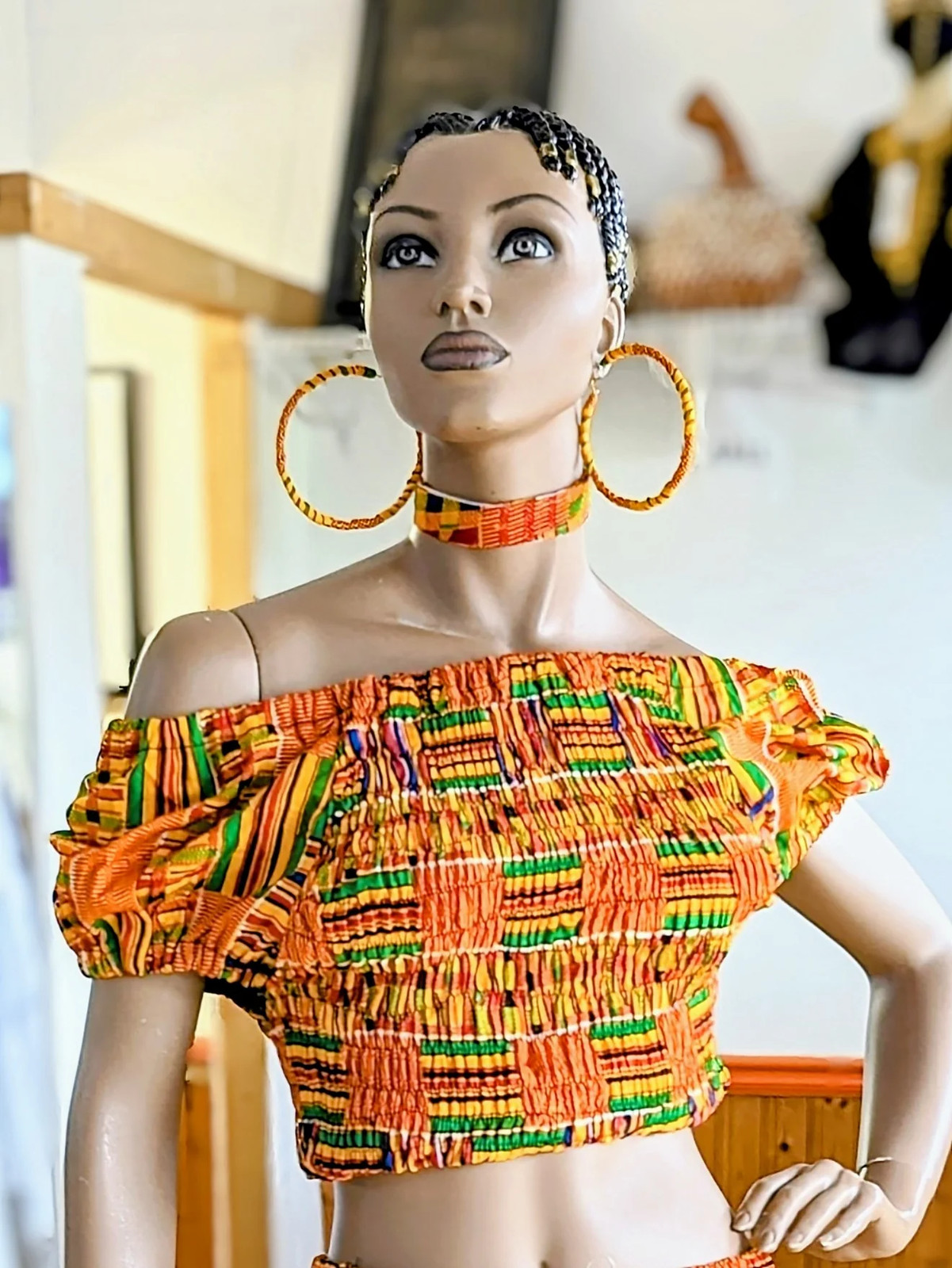 Kufior Smocked Cotton Kente African Print Crop Top-DP3227SCT