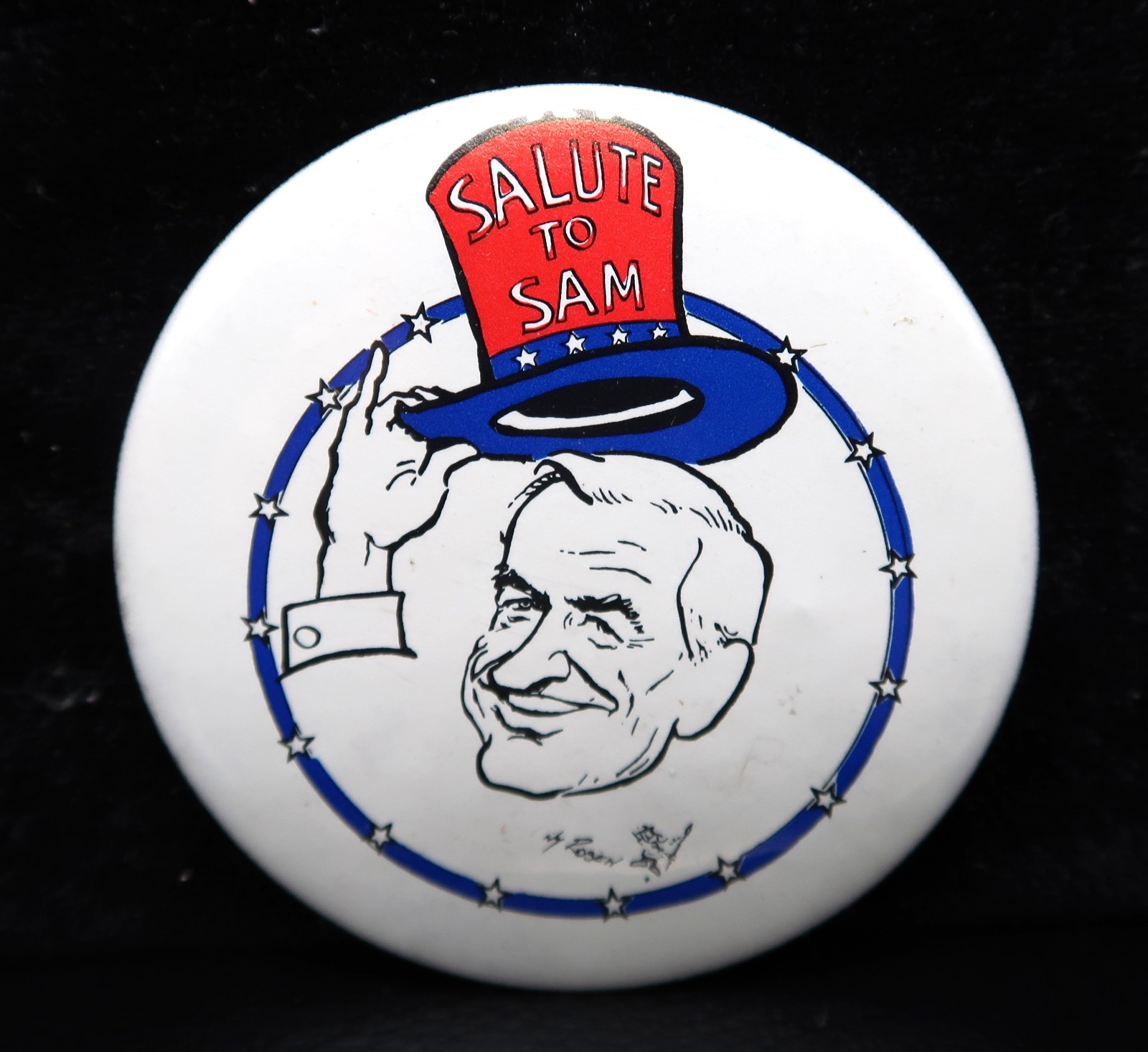 Vtg Hy Rosen Art Political Button Salute to Sam Patriotic Top Hat USA Rare Find