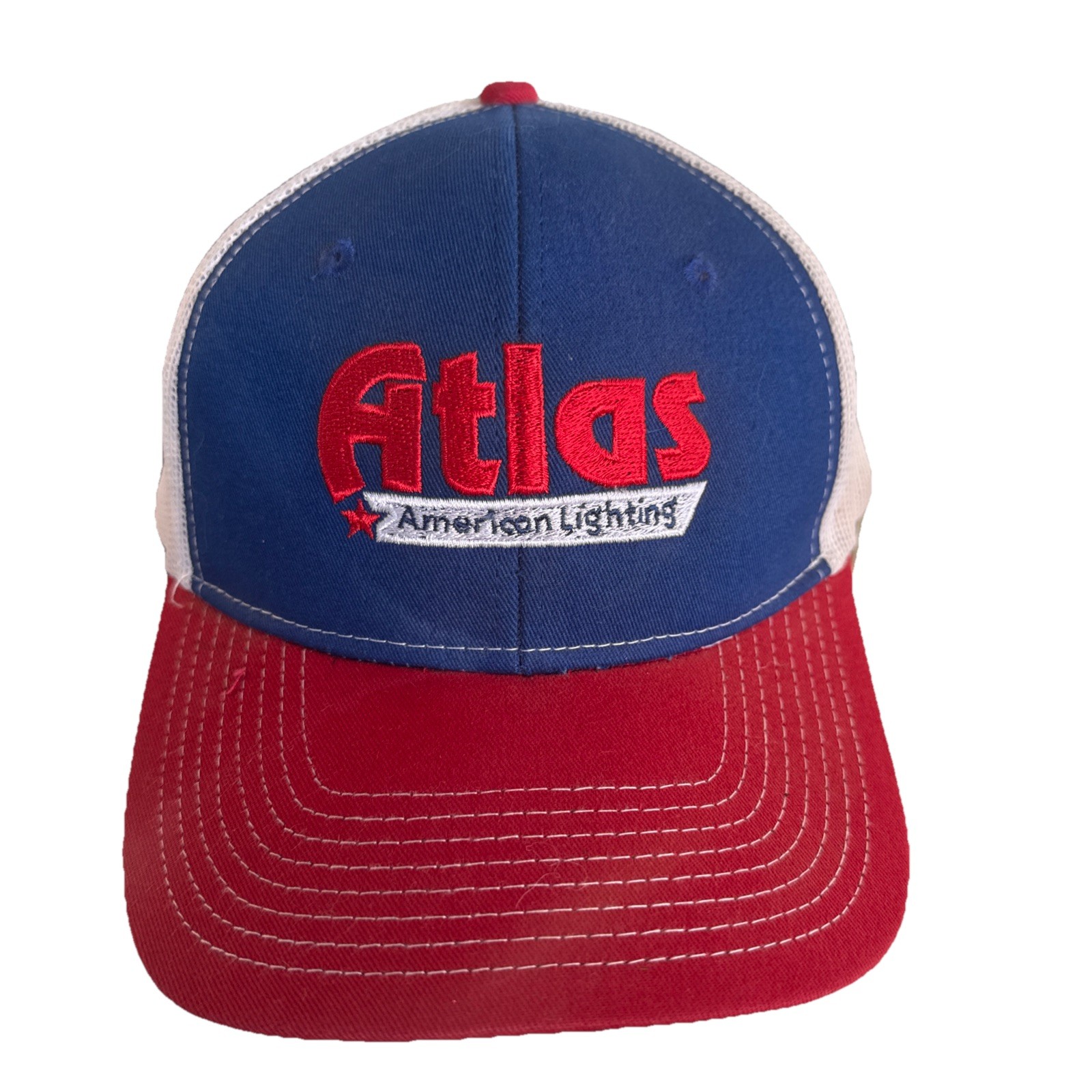 ATLAS American LIghting ion Royal Blue Hat Cap Red Bill White Mesh Snapback
