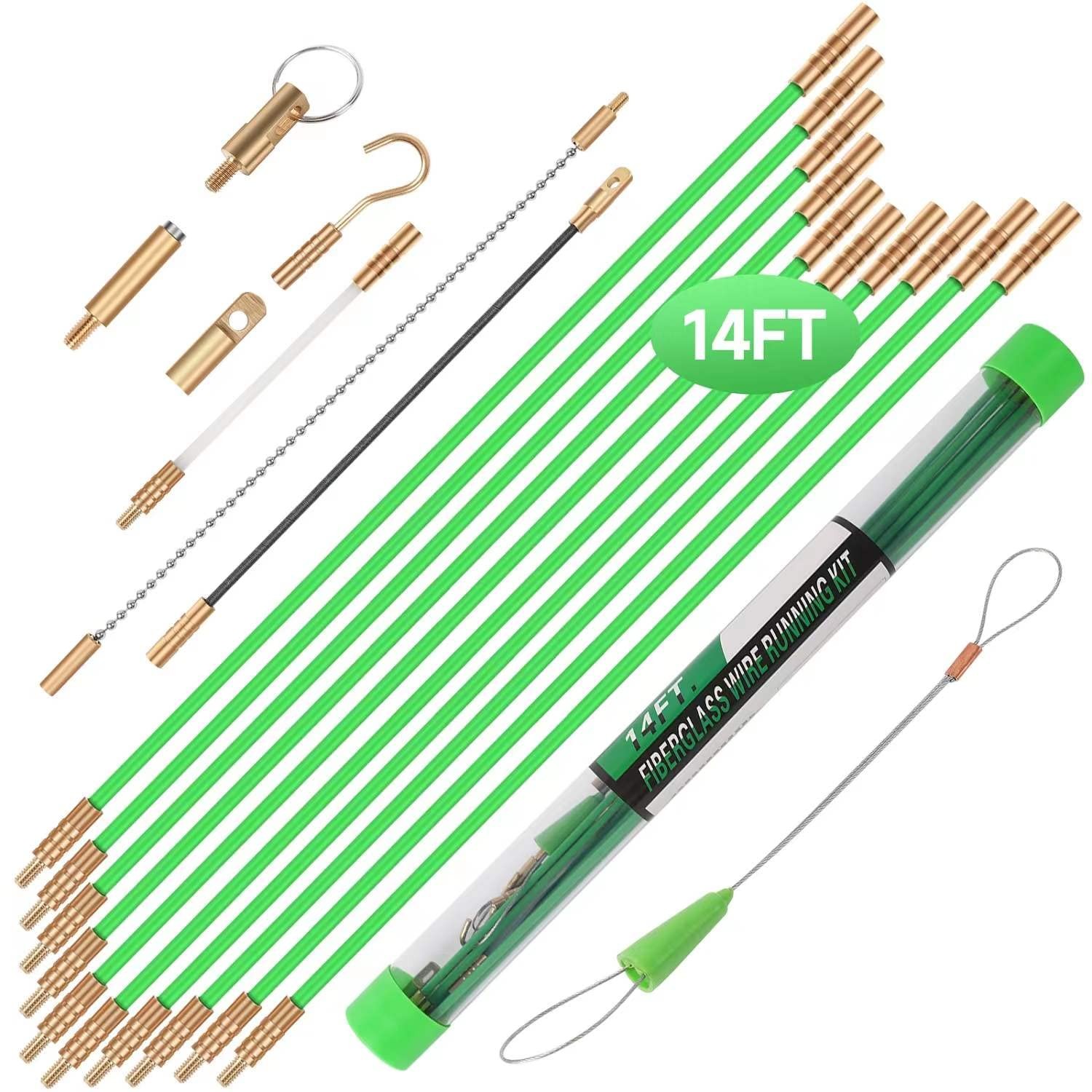 14FT Fiberglass Running Electrical Wire Cable Glow Rods Onesize, Green