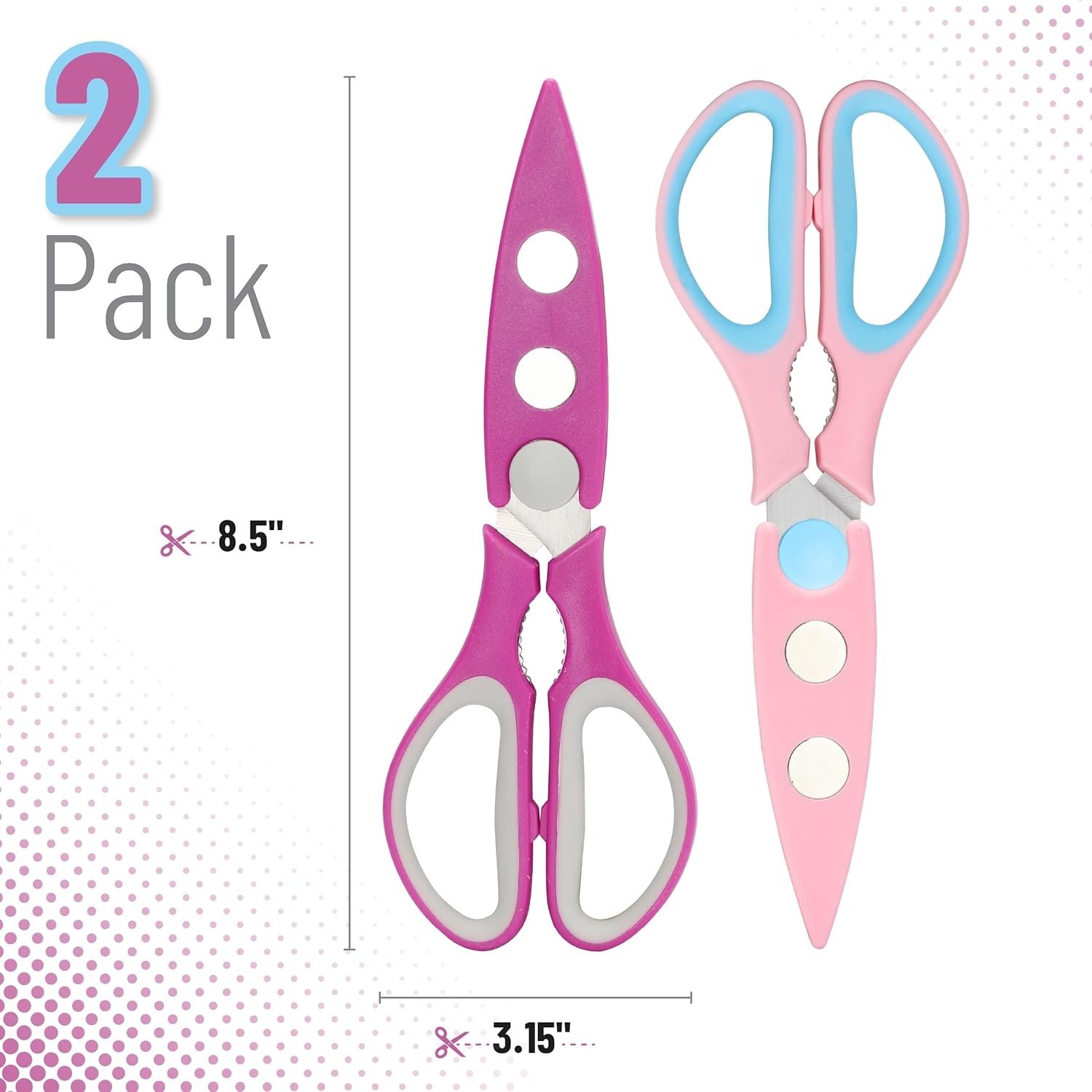 Versatile 8-Inch Kitchen Shears - Pink & Blue, Micro-Serrated Stainless Steel