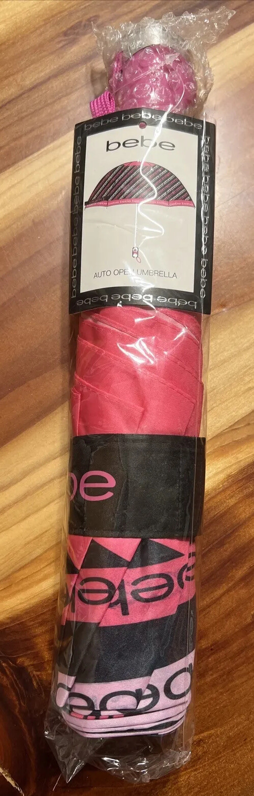 BEBE Designer Umbrella Easy Auto-Opens Pink & Black NWT MSRP $40