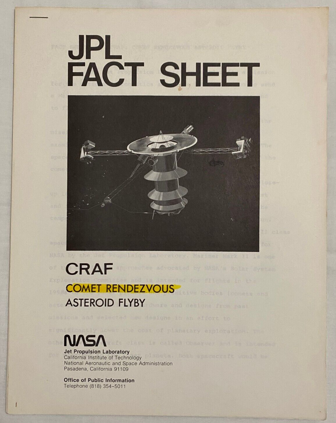 Vintage NASA JPL Fact Sheet CRAF Comet Rendezvous 1986