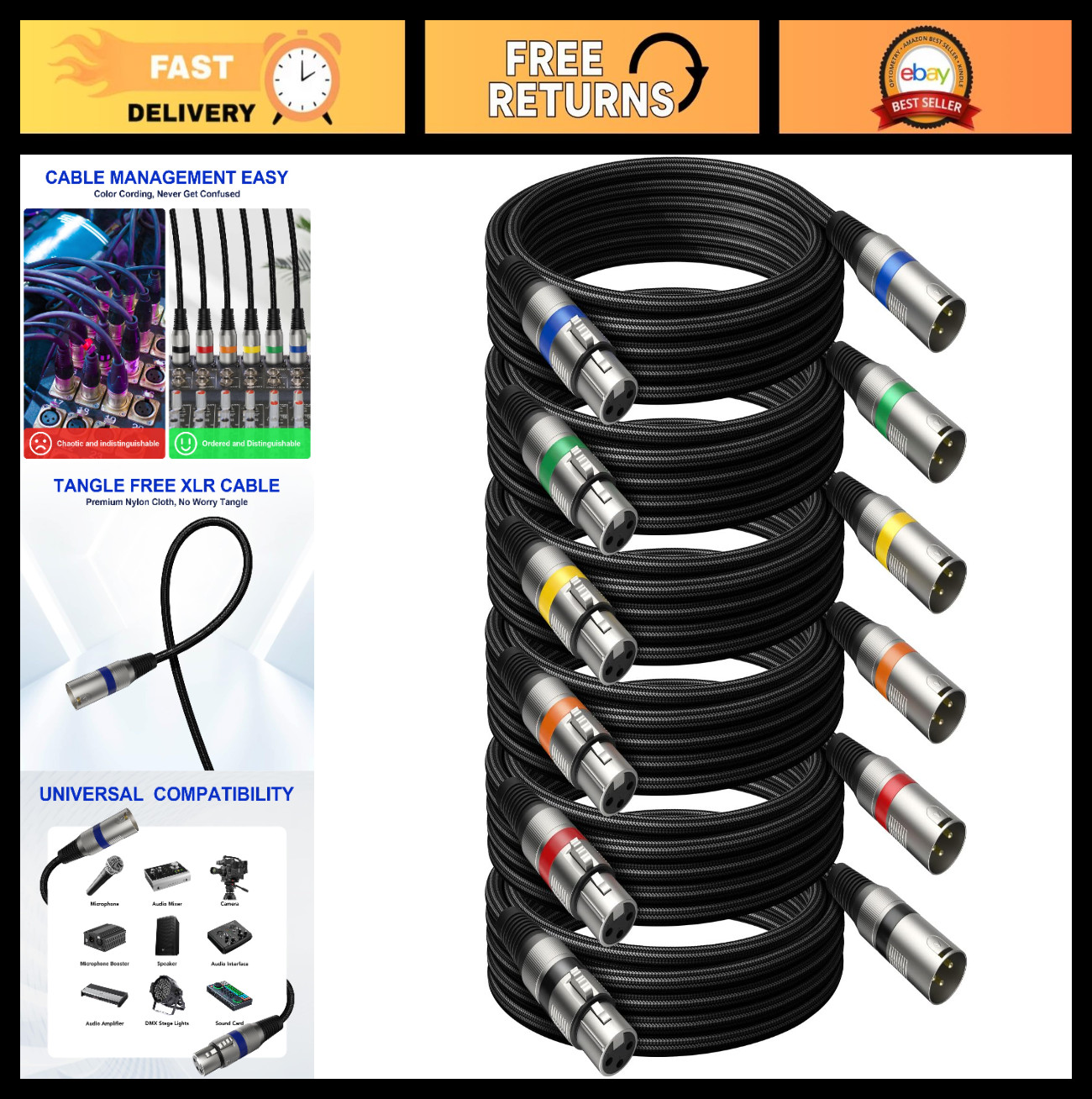 6 Pack 25FT XLR Microphone Cables - Noise-Free, Braided, All Copper, Balanced Ma