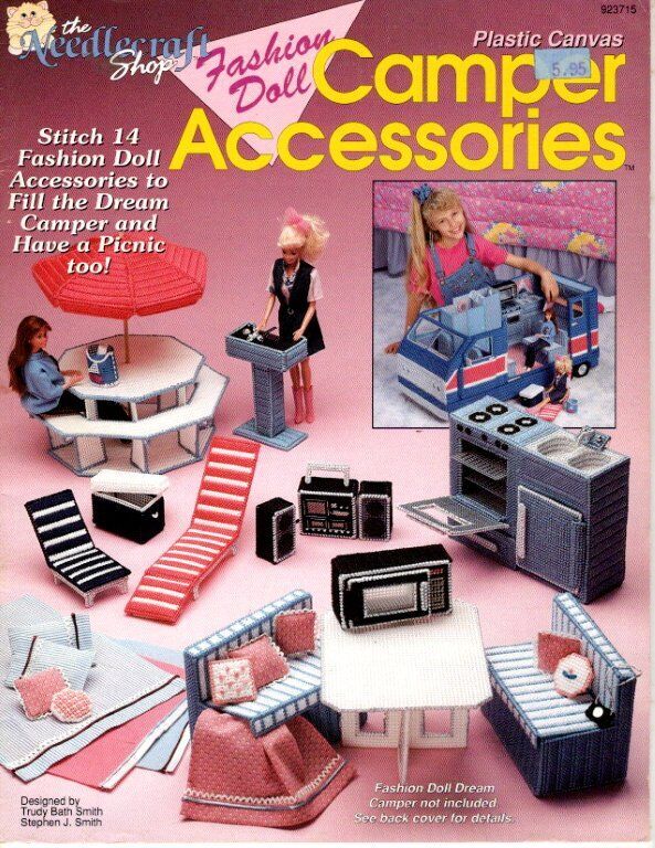OOP!!! PLASTIC CANVAS FASHION DOLL CAMPER ACCESSORIES