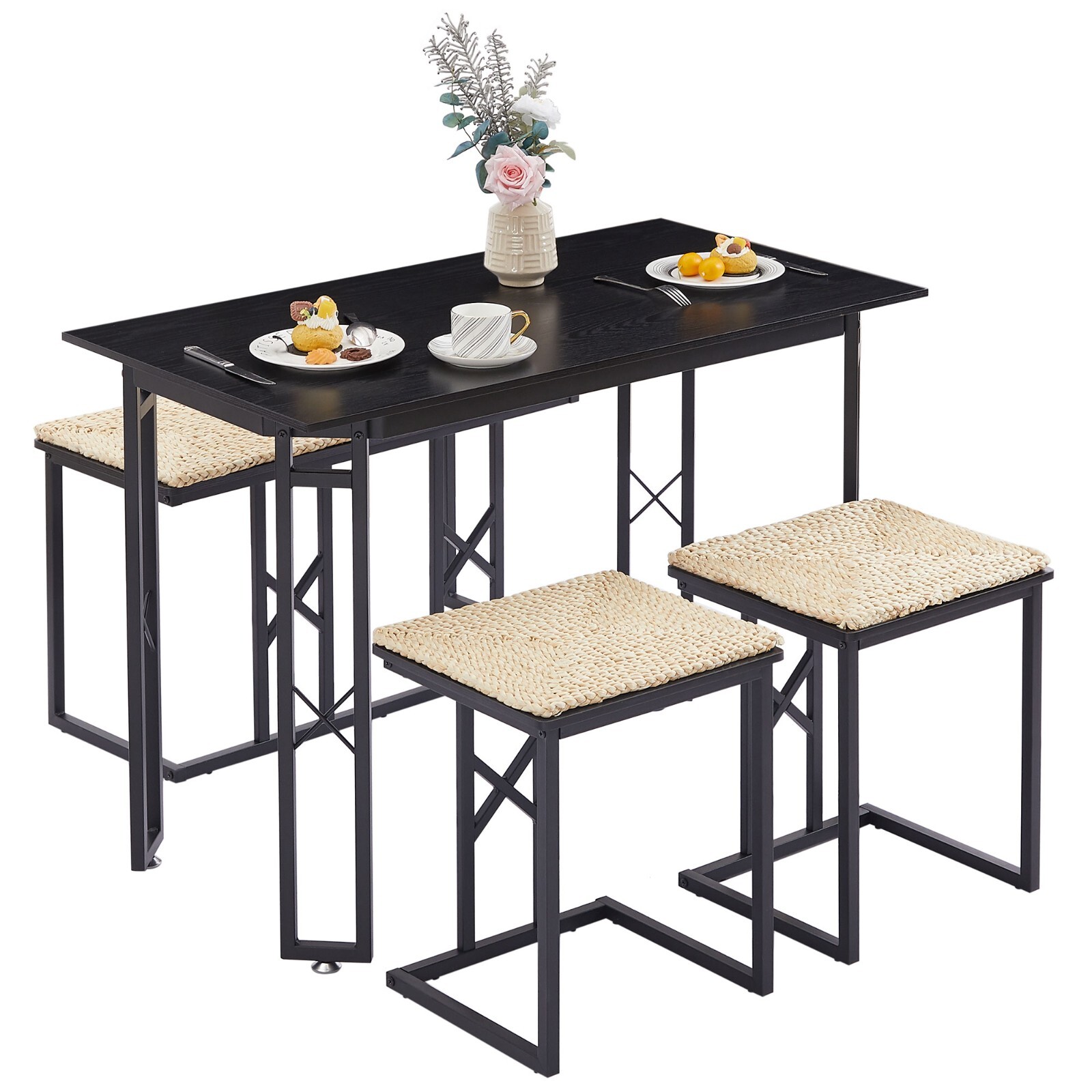 4 Piece Dining Room Table Set with Bench and 2 Stools Small Space for Kitchen