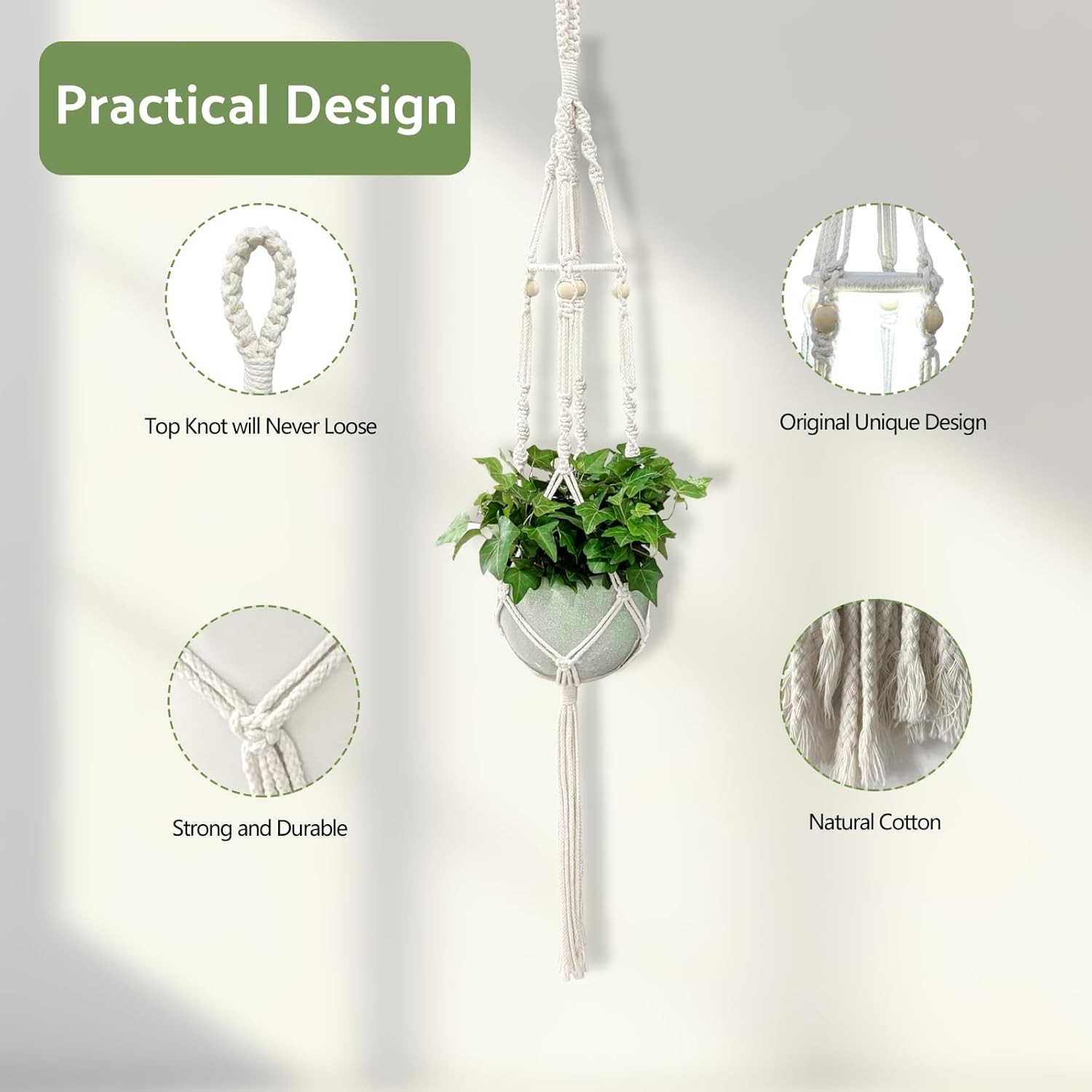 Macrame Plant Hanger with Grow Light: 2 Pack Sturdy Medium, Natural Ivory
