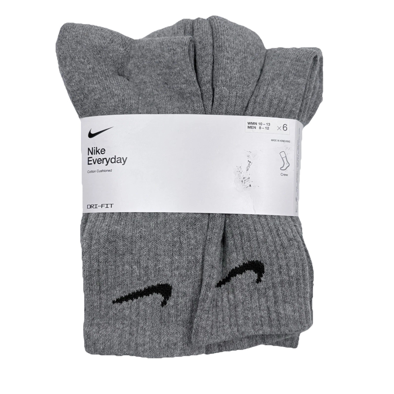 Nike Gray Everyday Dri-FIT Cotton Cushioned Crew Socks 6 Pk Unisex Adult L 8-12