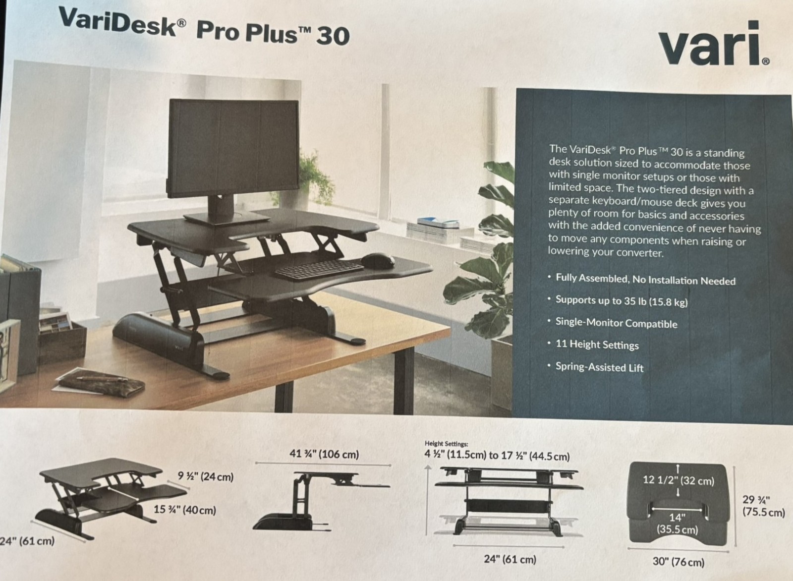 Vari VariDesk Pro Plus 30 - Height-adjustable Standing Desk Conver