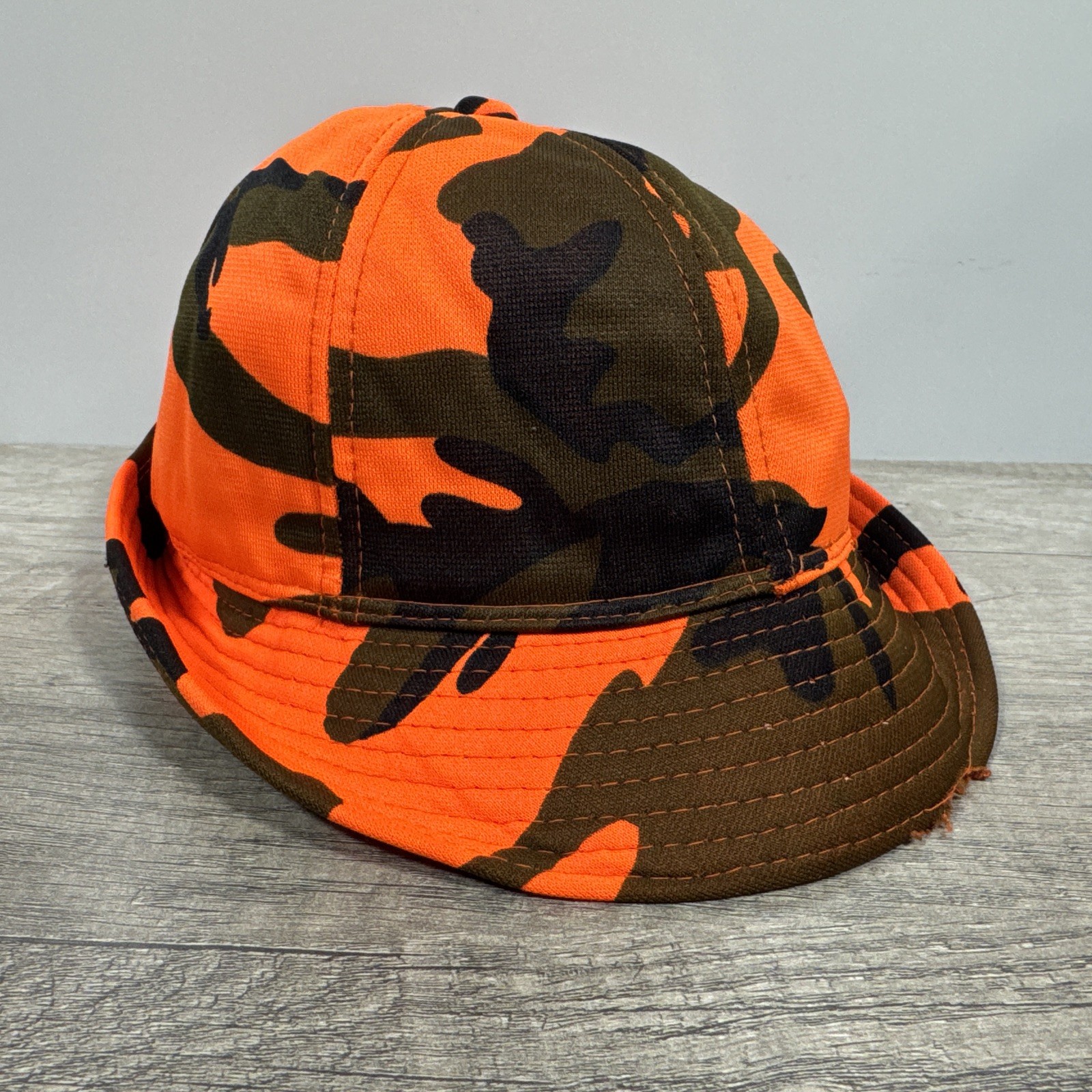 VTG S Orange Camo Jones Hunting Bucket Fedora Hat Insulated Ear Flaps Distressed