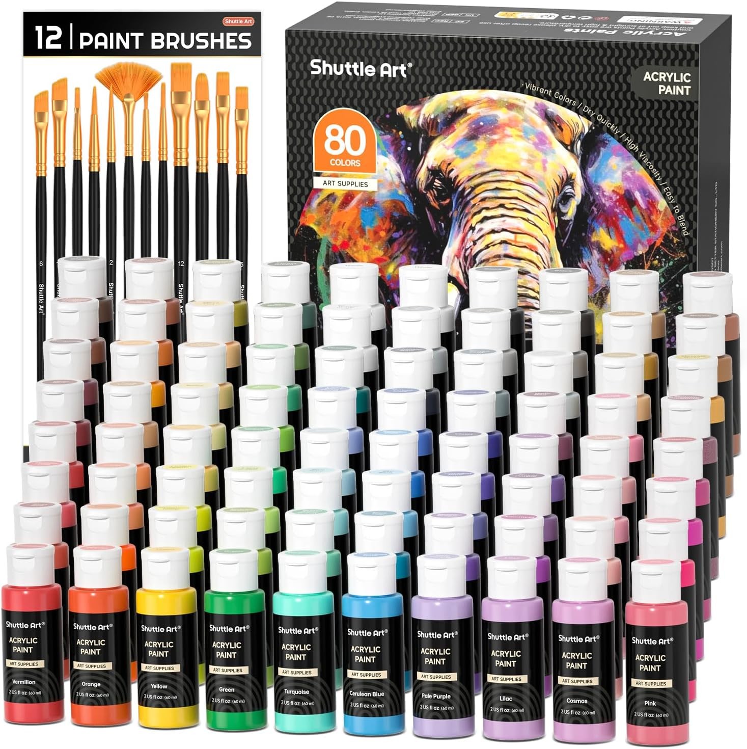 Shuttle Art 80 Colors Acrylic Paint, 2 Fl Oz (Pack of 80), 80