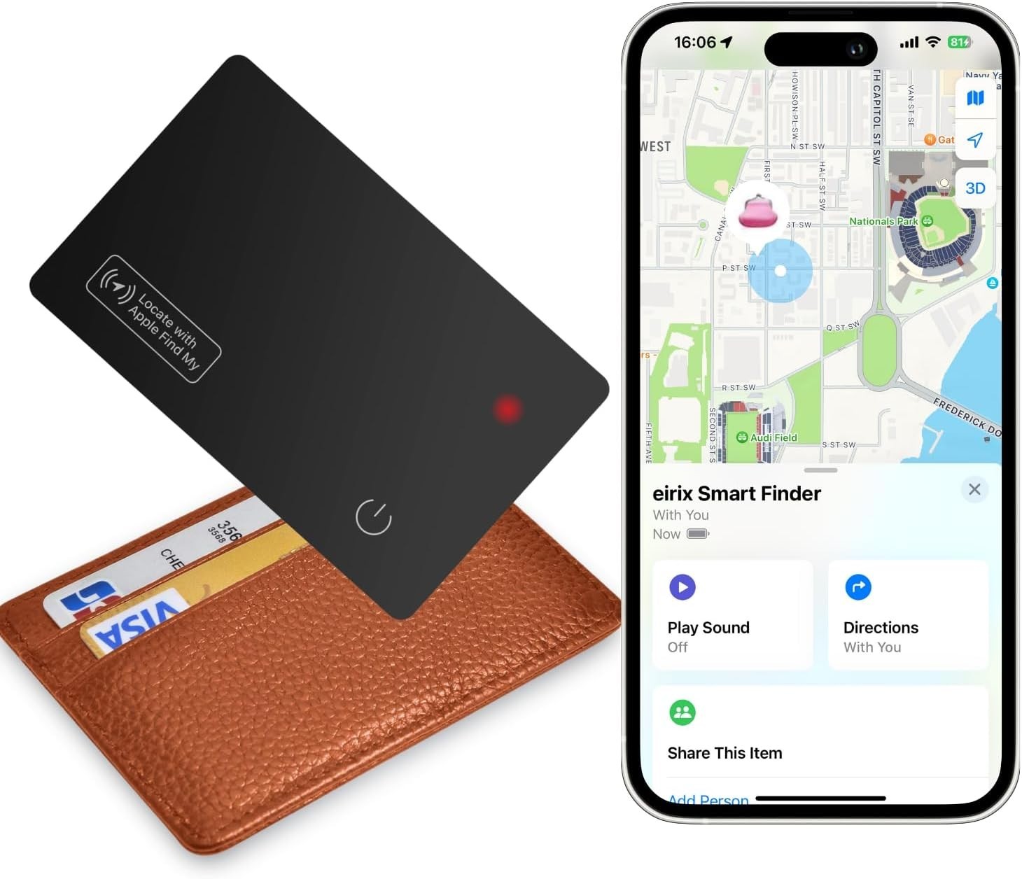Tarjeta de seguimiento de billetera solo iOS, rastreador GPS inteligente delgado