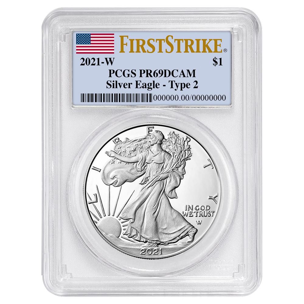 2021-W $1 1-oz T-2 Proof American Silver Eagle PCGS PR69DCAM FS Flag Label