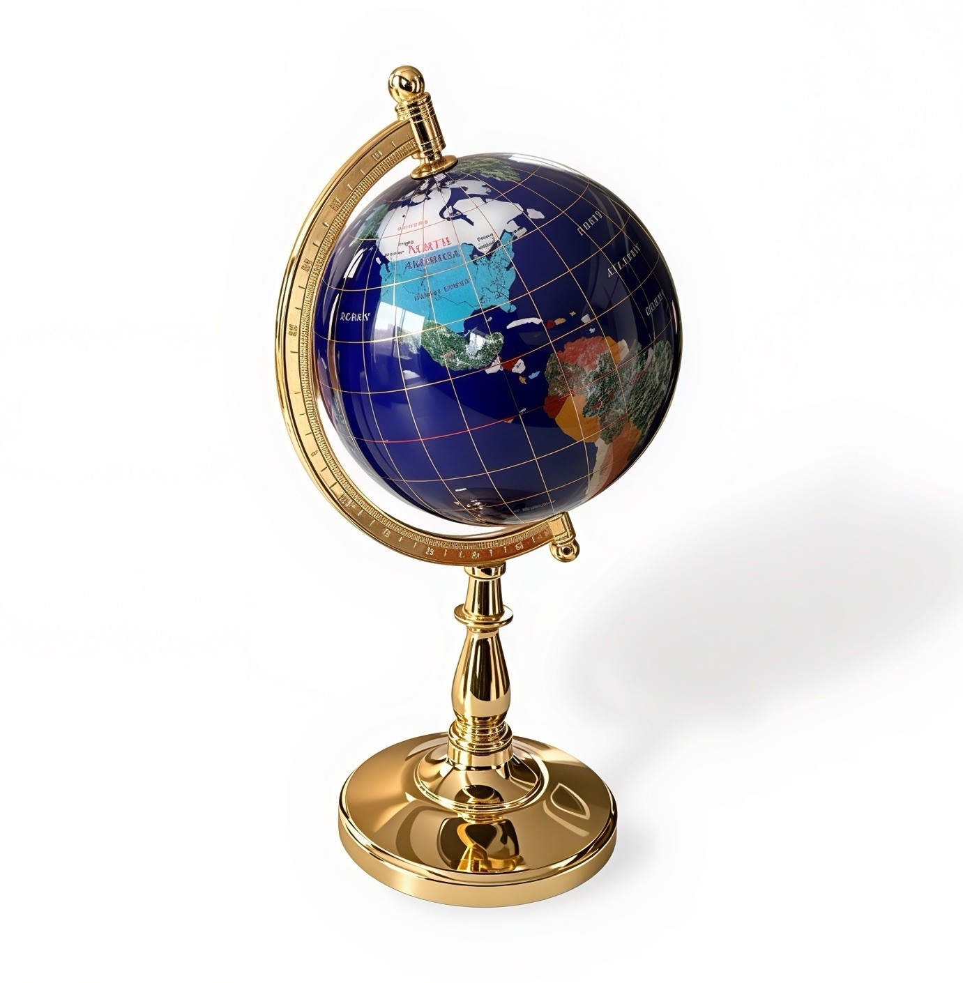 Vintage 13" Lapis Lazuli Gemstone World Globe on Rotating Gold Brass Stand