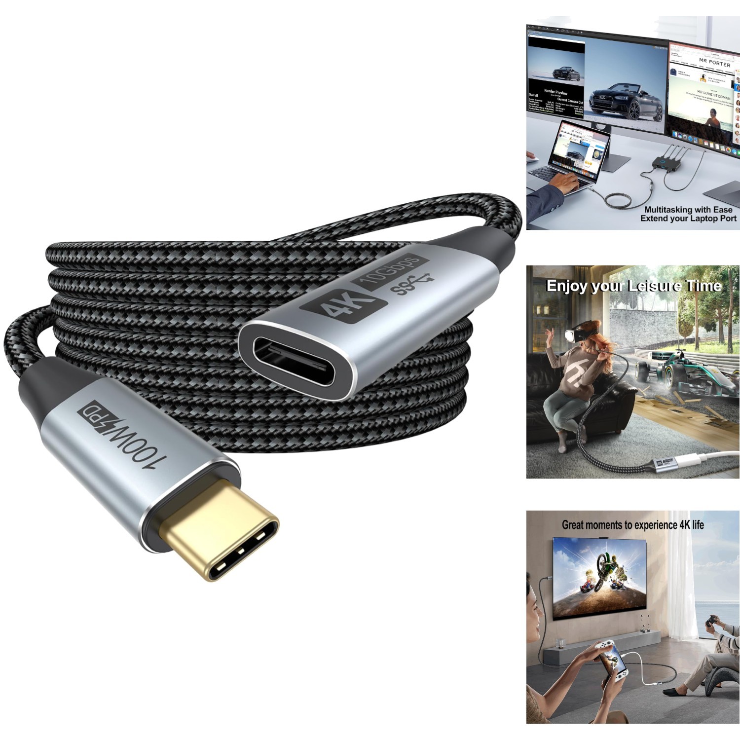 USB C Extension Cable 10FT Type C 3.2 Extender Cord 100W PD 10Gbps Data 4K Video
