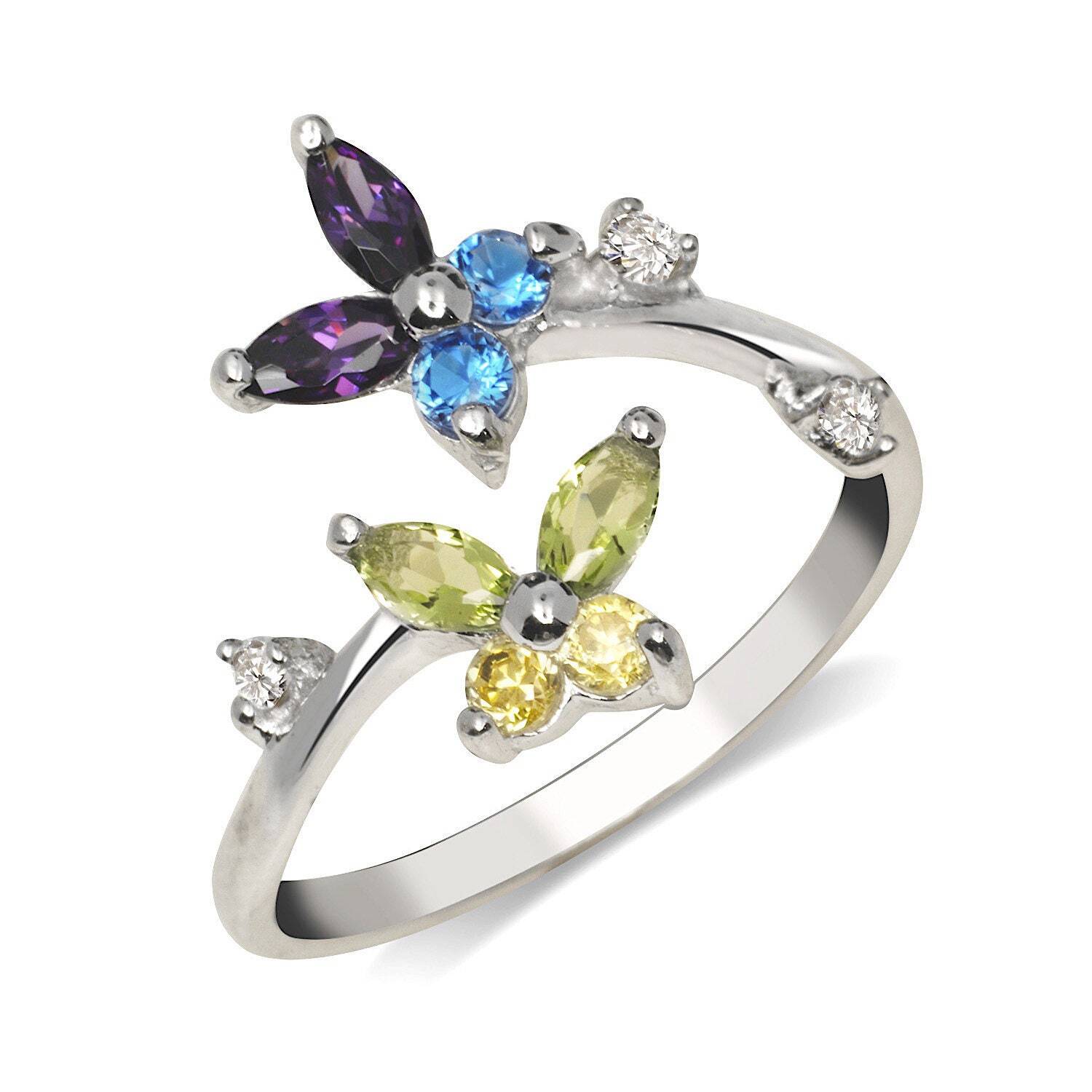 Solid 925 Sterling Silver Butterfly Adjustable Multi-Color Cubic Zirconia Toe