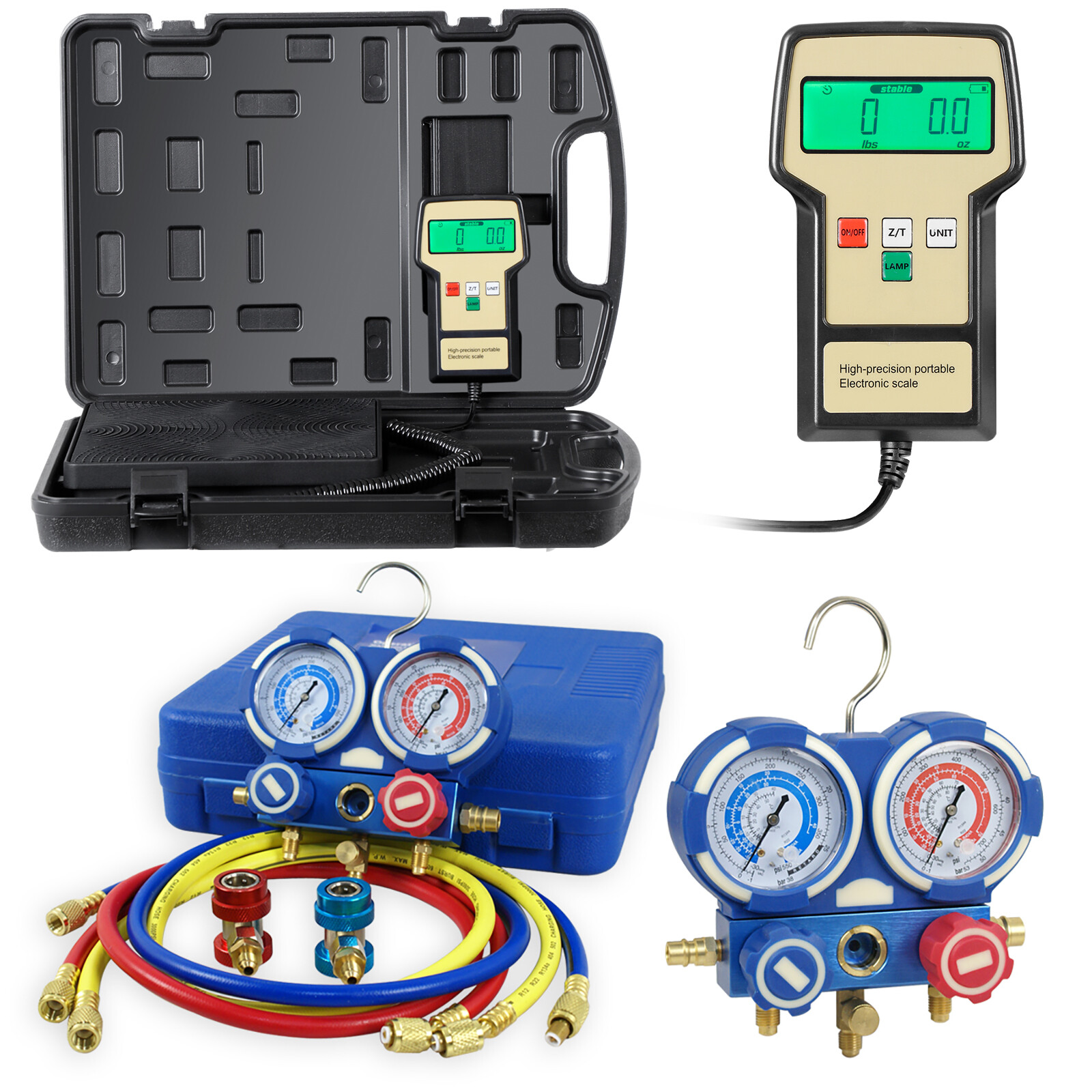 Electronic AC Manifold Gauge Set R410a R22 w/Hoses +Charging Scale Set 220lbs
