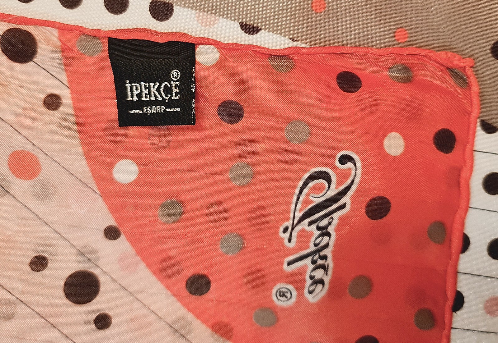 SCARF VINTAGE AUTHENTIC IPEKCE POLKA DOT PINK GRAY CHIFFON SILK 36" SQUARE