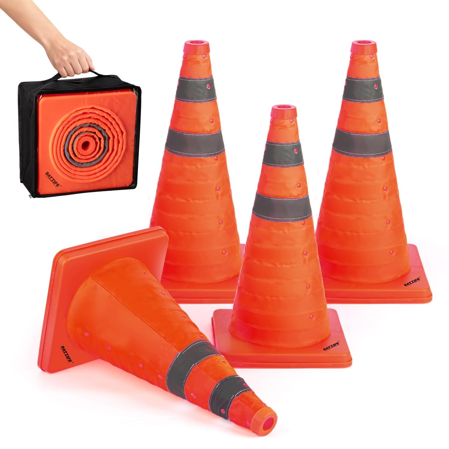 [4 Pack] 18 Inch Collapsible Traffic Safety Cones, Orange Cones, Multi Purpos...