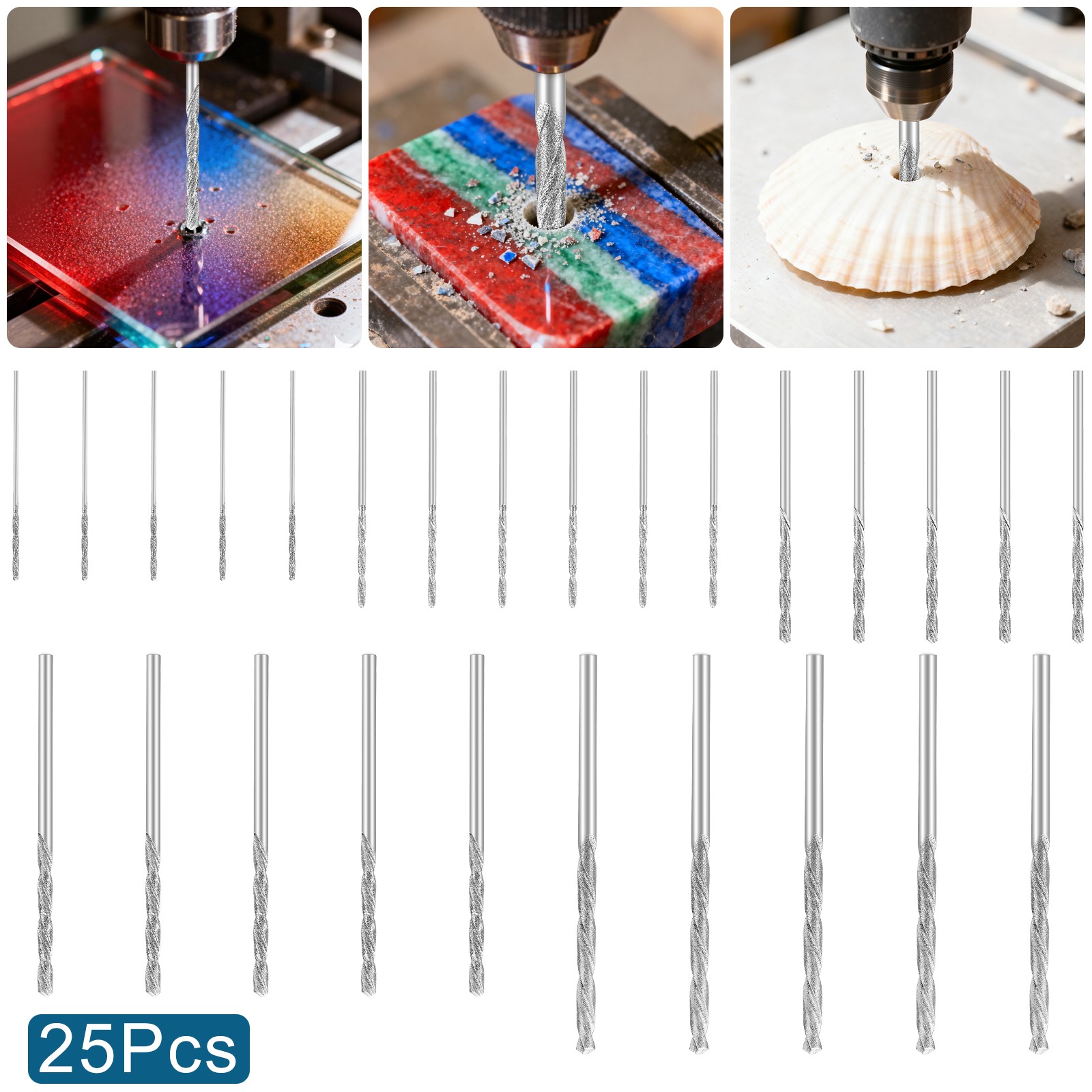 25PCS Diamond Drill Bits Set for Glass Tile Jewelry Stone 1.0–3.0mm Twist Tips