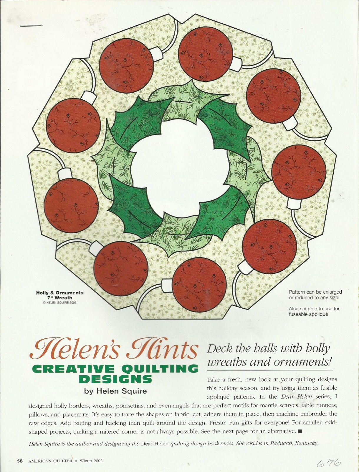 E0632  HOLLY & ORNAMENTS WREATH QUILT PATTERN/INSTRUCTIONS