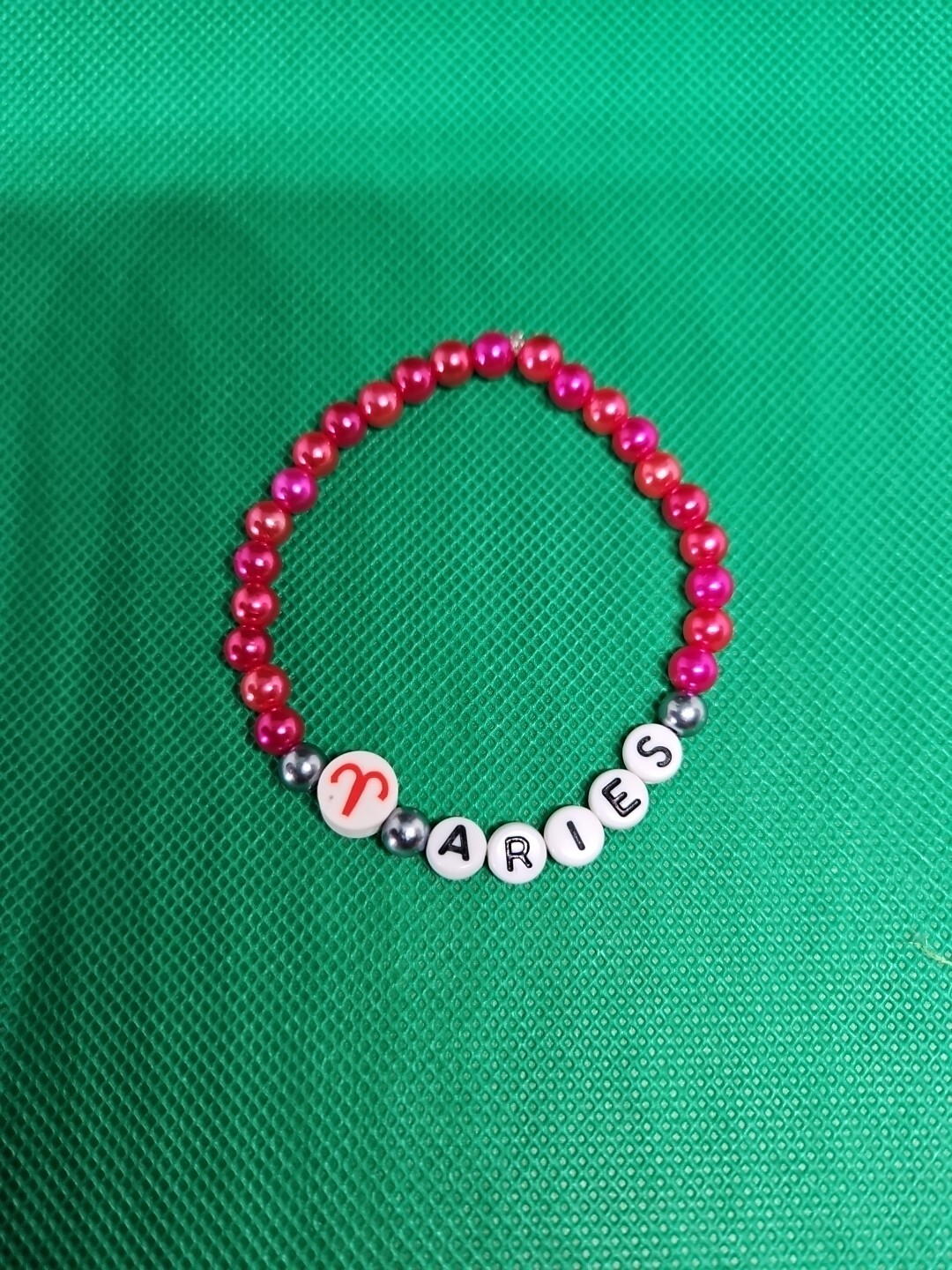 Zodiac Aries Plastic Lettering Red Pearl Beaded Stretchy Bracelet 7"