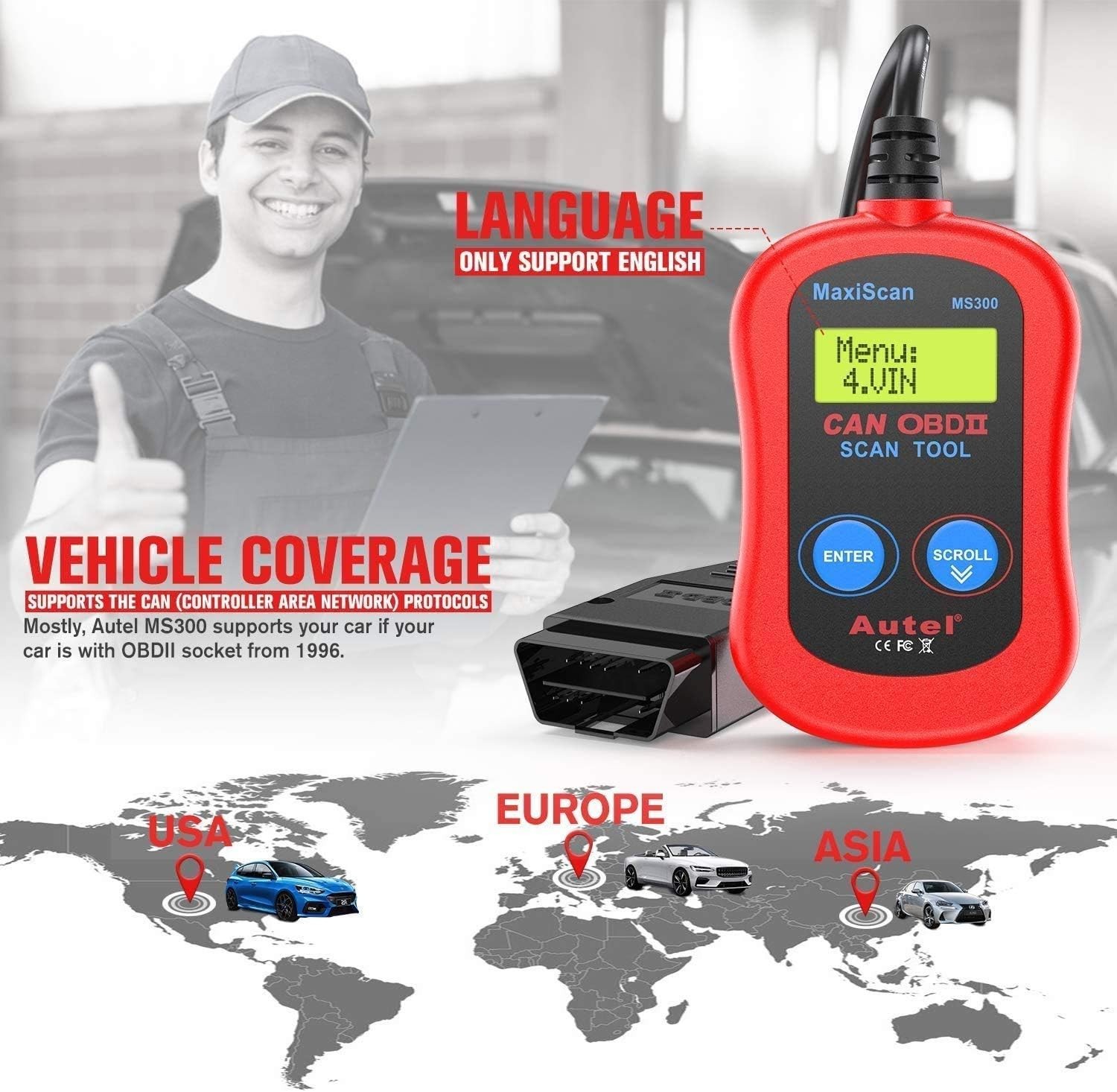 MS300 Scanner Code Reader, Turn Off Check Engine Light, Read & Erase Fault Co...