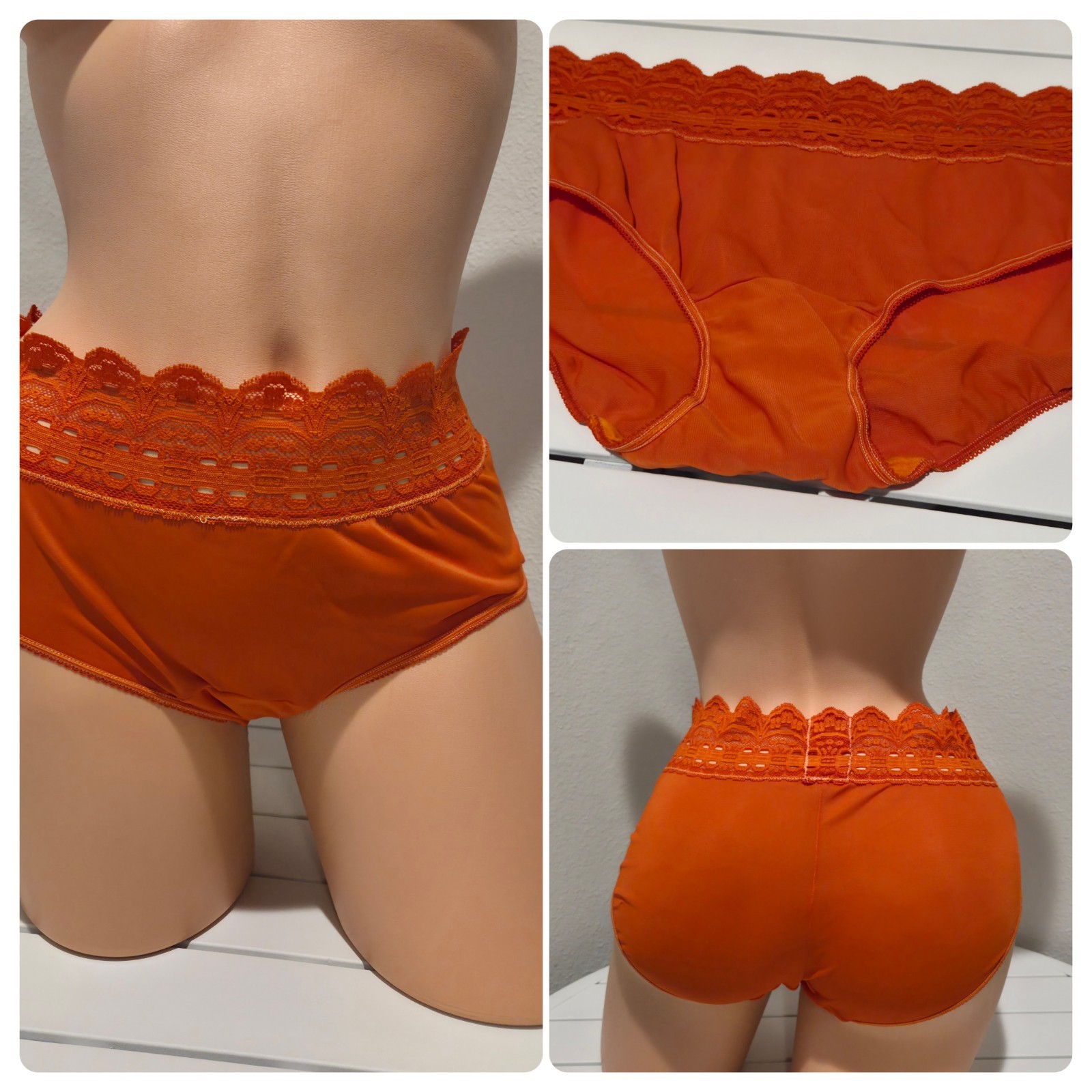 Olga Shiny Nylon LACE Bikini Panty Full Cut 8/XL Molten Orange 0913J3