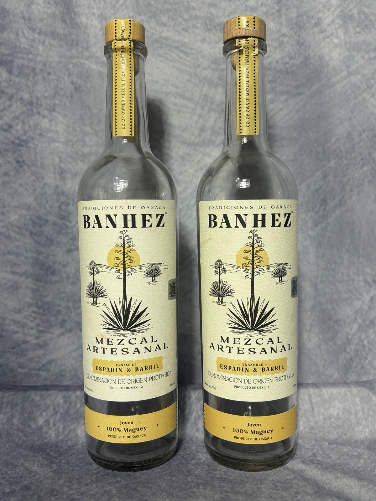 Banhez Mezcal Artesanal Espadin and Barril Tequila Lot of 2 Empty Bottles