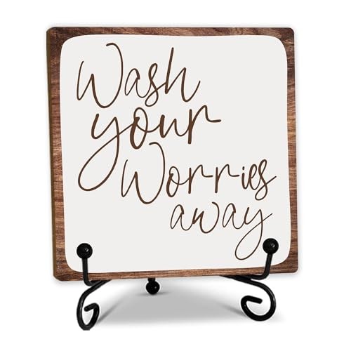 5" Funny Wooden Sign With Metal Stand - - Bathroom Wash Your Worries Away