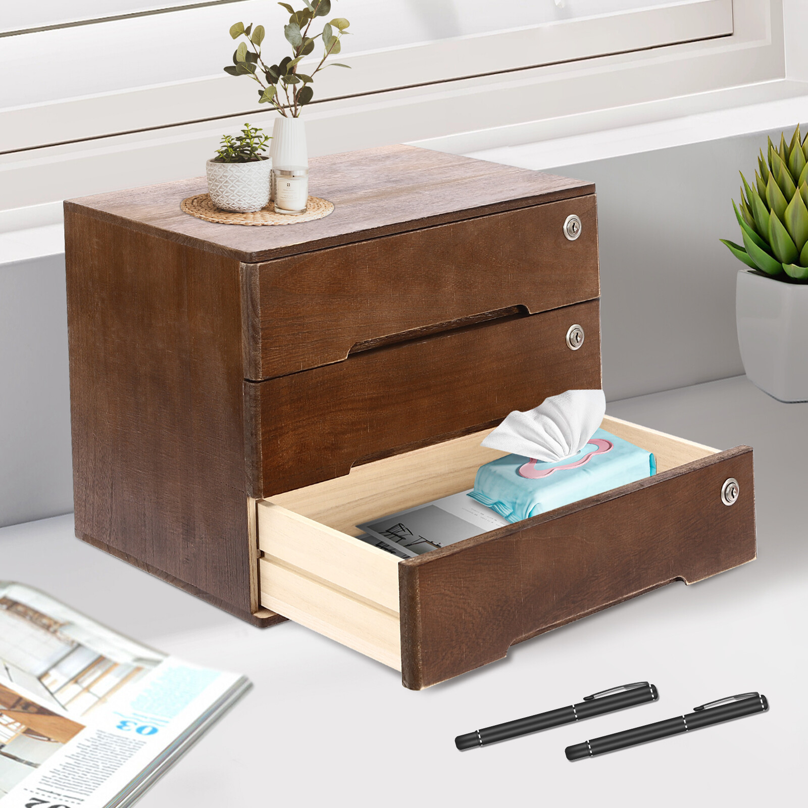 Wooden Desktop Storage Box with Lockable Drawers Office Supplies File Organizer
