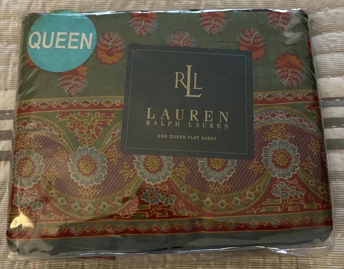 Vintage Ralph Lauren Village Mews Terrace Border Green Fitted Sheet - Queen NWT