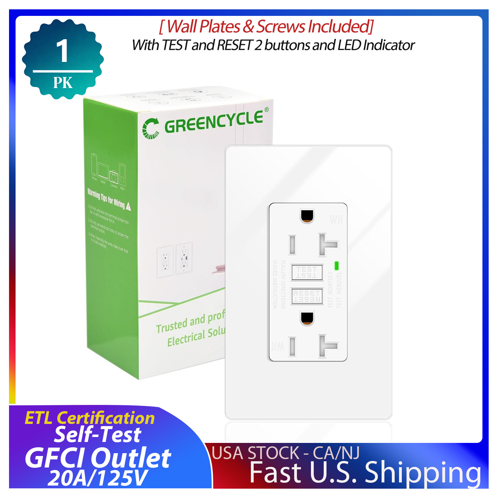 1PK GFCI 20A Self-Test Electrical Outlet,Weather Resistant Duplex Receptacle,ETL
